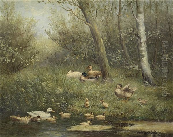 Ducks And Ducklings Oil Painting by David Adolph Constant Artz