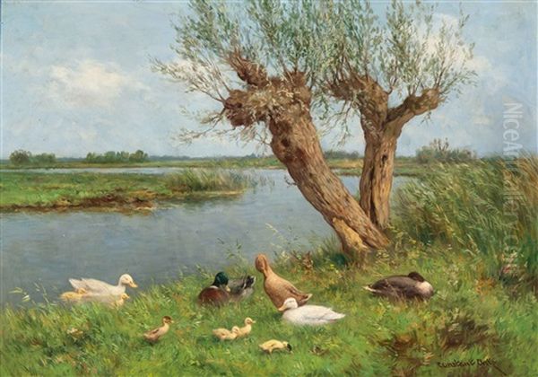 Family Of Ducks By Two Knotted Willows Near The Water's Edge by David Adolph Constant Artz