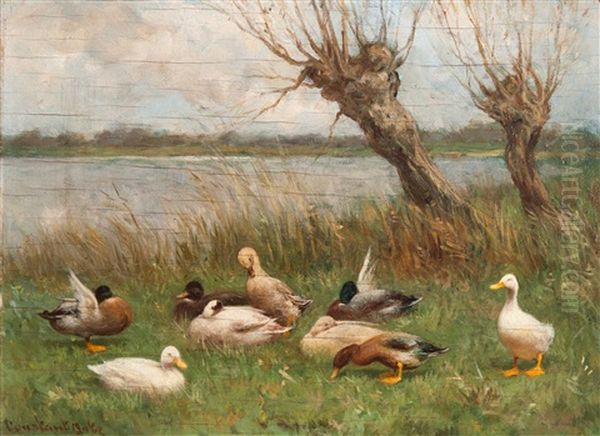 Ducks By The Water's Edge Oil Painting by David Adolph Constant Artz