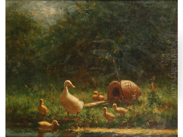 A Duck And Ducklings On A River Bank Oil Painting by David Adolph Constant Artz