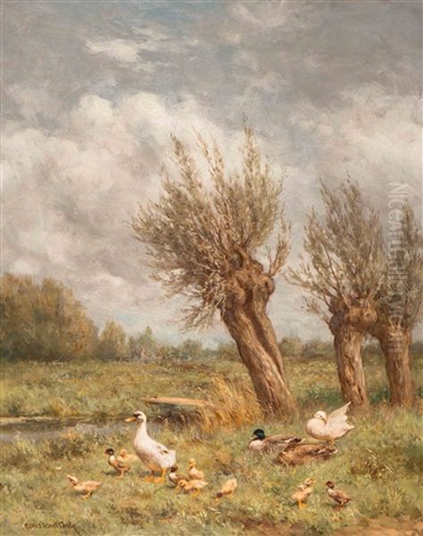 Family Of Ducks By The Waterside Oil Painting by David Adolph Constant Artz