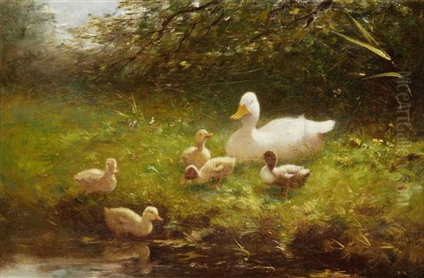 A Duck And Ducklings On A River Bank Oil Painting by David Adolph Constant Artz