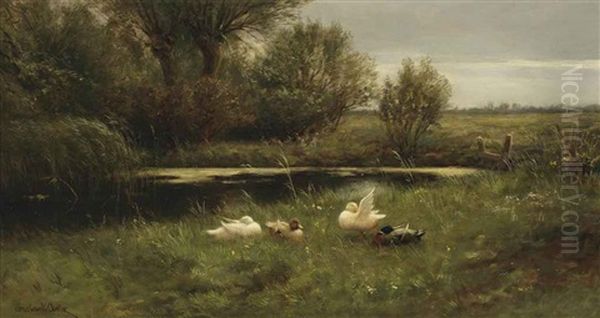 Ducks In A Sunlit River Landscape Oil Painting by David Adolph Constant Artz