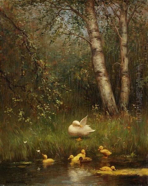 Entenfamilie An Einem Teich Oil Painting by David Adolph Constant Artz