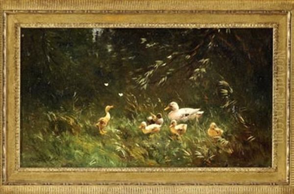 Entenfamilie Auf Einer Wiese Mit Einer Jungen, Nach Schmetterlingen Aufschauenden Ente Oil Painting by David Adolph Constant Artz