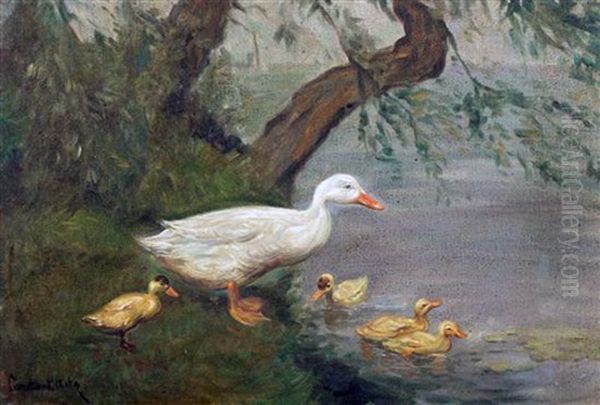 Duck And Ducklings Eside A River by David Adolph Constant Artz