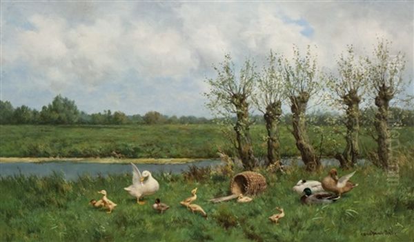 Ducks By The Water's Edge Oil Painting by David Adolph Constant Artz