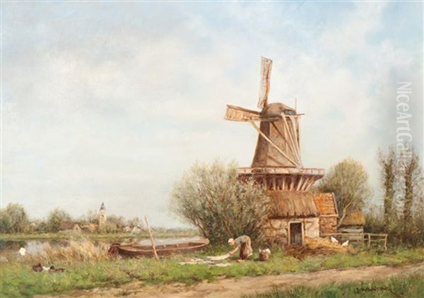 Bleaching The Laundry By The Mill Oil Painting by David Adolph Constant Artz