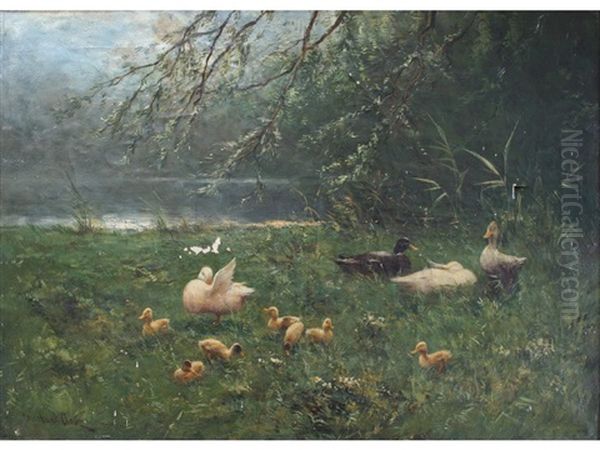 Ducks And Ducklings By A Pool Oil Painting by David Adolph Constant Artz