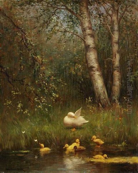 Entenfamilie An Einem Teich by David Adolph Constant Artz