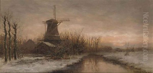 A Windmill In Winter Oil Painting by David Adolph Constant Artz