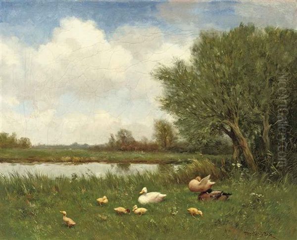 Ducks And Ducklings On A River Bank Oil Painting by David Adolph Constant Artz