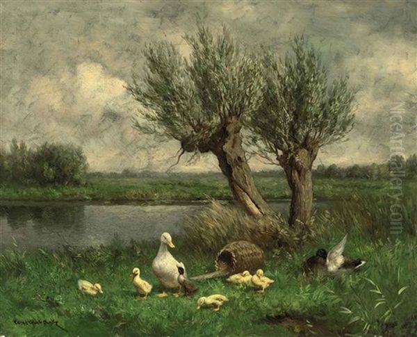 Ducks Near Two Willows On The Bank Of A Stream Oil Painting by David Adolph Constant Artz