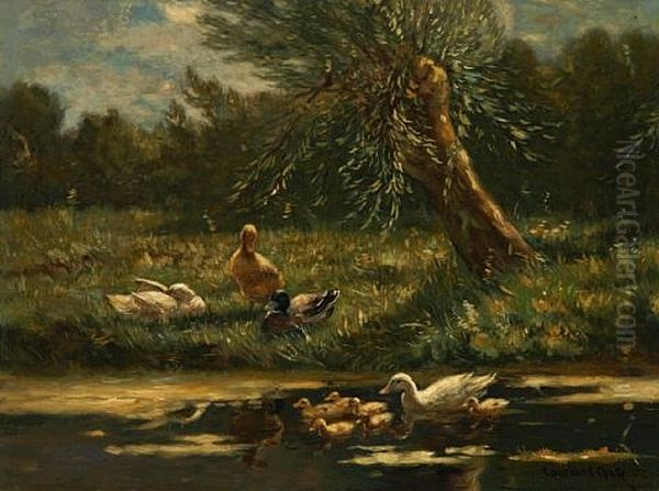 A Family Of Ducks Along The Riverbank Oil Painting by David Adolph Constant Artz