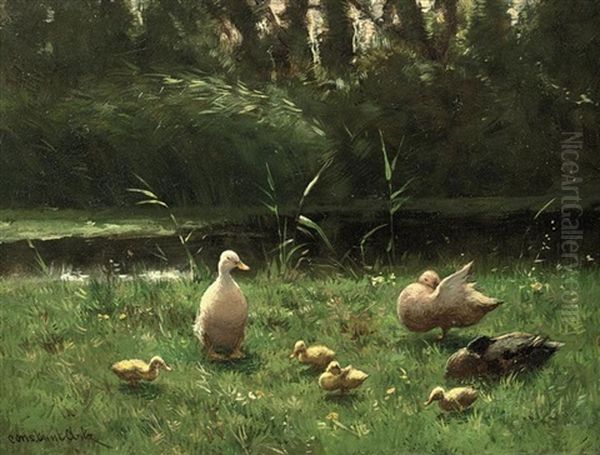 Ducks In A Sunlit Meadow Oil Painting by David Adolph Constant Artz