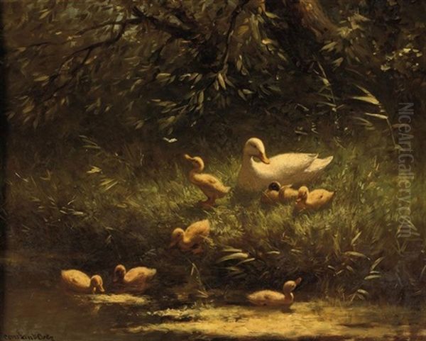 Mother Duck And Her Ducklings Oil Painting by David Adolph Constant Artz