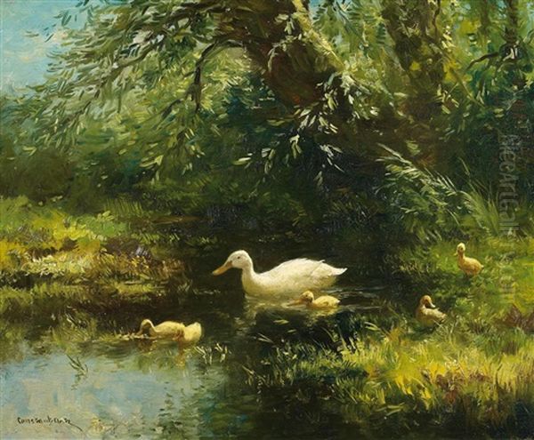 Ente Mit Ihren Kuken Am Ufer Oil Painting by David Adolph Constant Artz