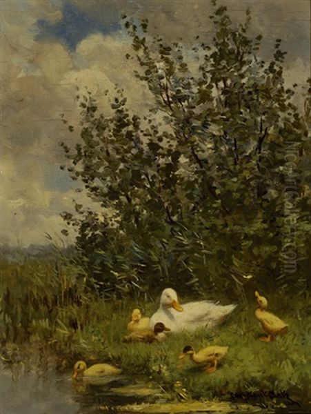 Duck With Five Chicks On The Water's Edge Oil Painting by David Adolph Constant Artz