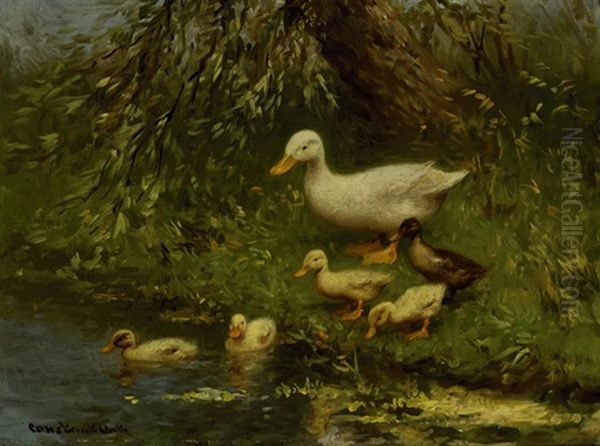 Duck With Five Chicks On The Water's Edge by David Adolph Constant Artz