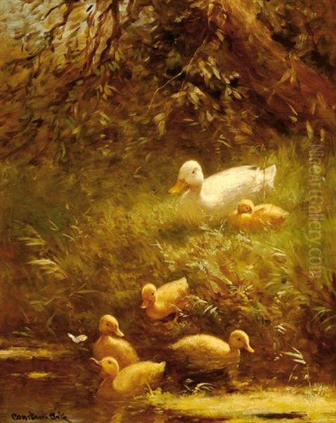 Duck With Five Chicks By The Waterside Oil Painting by David Adolph Constant Artz