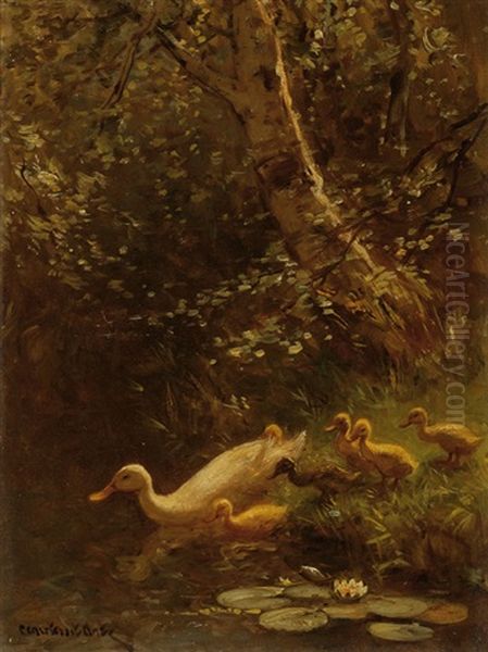 Family Of Ducks By The Water Oil Painting by David Adolph Constant Artz