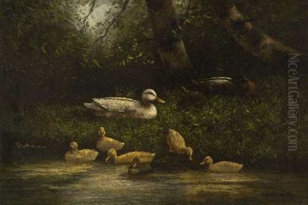 Entenfmailie Am Teich Oil Painting by David Adolph Constant Artz