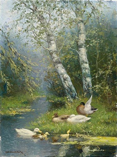 Enten An Einem Von Birken Gesaumten Bachlauf Oil Painting by David Adolph Constant Artz