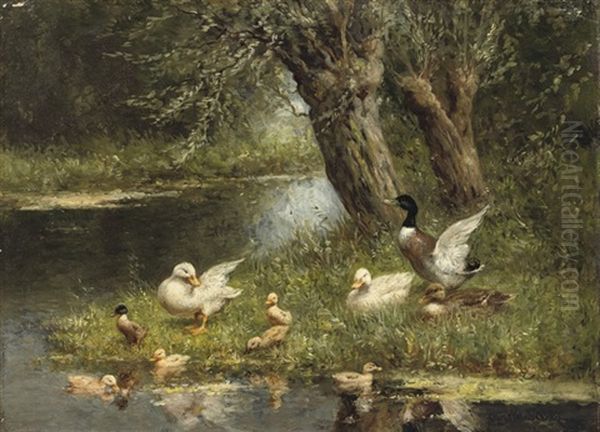 A Duck Family Near The Pond Oil Painting by David Adolph Constant Artz