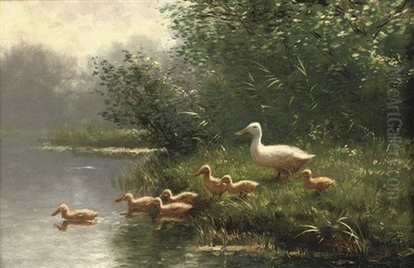 Mother Duck And Her Ducklings Oil Painting by David Adolph Constant Artz