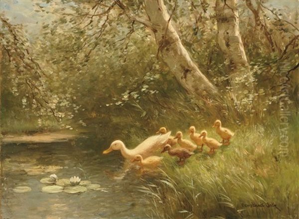 Mother Duck And Her Ducklings by David Adolph Constant Artz