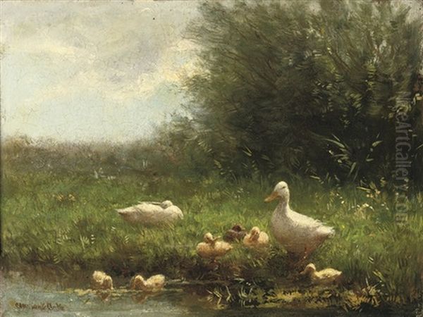 Ducklings On A Riverbank Oil Painting by David Adolph Constant Artz