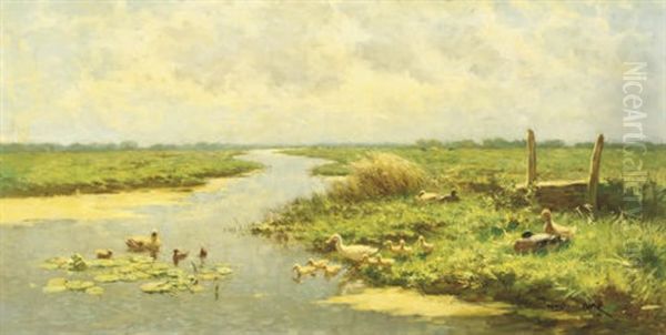 Ducks And Ducklings On A Sunny Day Oil Painting by David Adolph Constant Artz