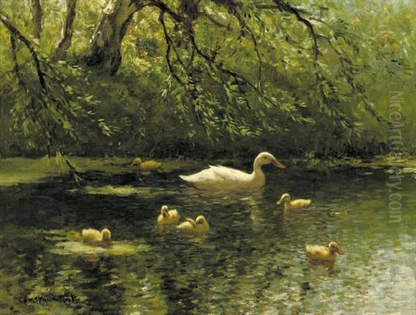 Mother Duck And Her Ducklings Oil Painting by David Adolph Constant Artz