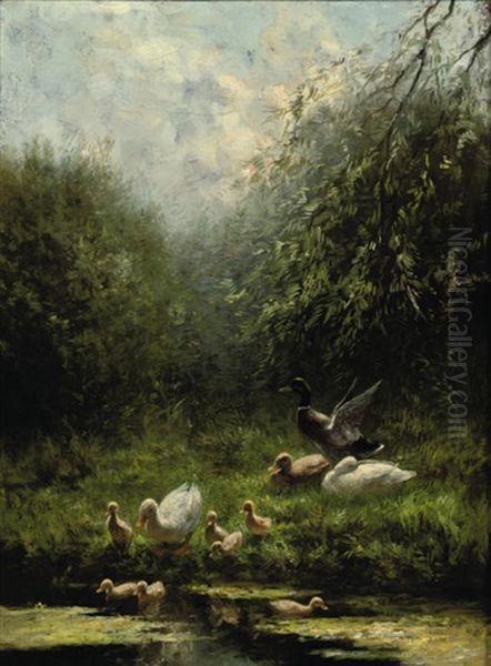 Ducks Entering The Pond (+ Ducks Near A Shed; 2 Works) Oil Painting by David Adolph Constant Artz