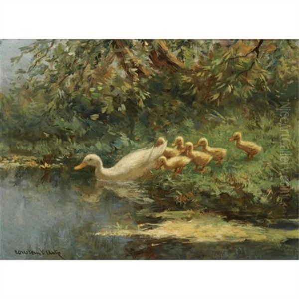 Ducks With Ducklings Near The Waterside Oil Painting by David Adolph Constant Artz