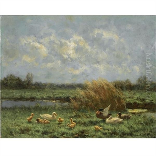 Ducks On The Riverbank Oil Painting by David Adolph Constant Artz