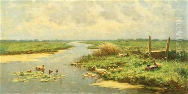 Ducks And Ducklings On A Sunny Day Oil Painting by David Adolph Constant Artz