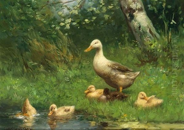 Duck And Ducklings At The Waterside Oil Painting by David Adolph Constant Artz