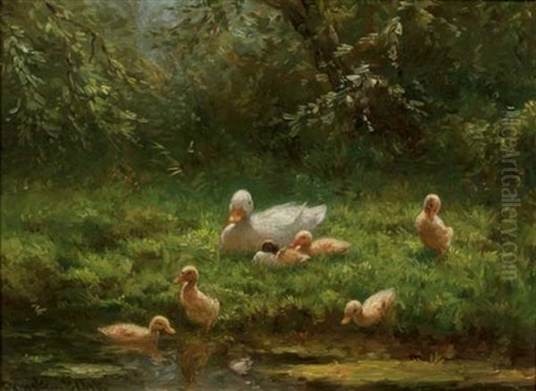 Mother Duck With Her Ducklings Oil Painting by David Adolph Constant Artz