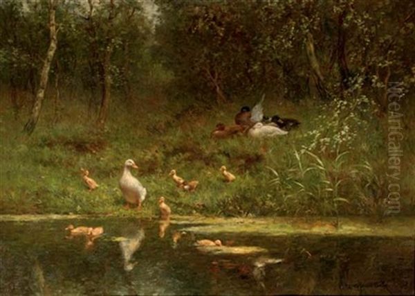 Ducks And Ducklings On A Riverbank by David Adolph Constant Artz