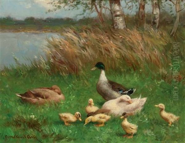 A Duck Family By A Pond by David Adolph Constant Artz