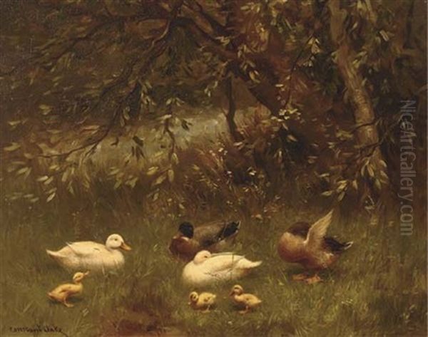 Ducks And Ducklings In The Shade Of A Tree Oil Painting by David Adolph Constant Artz