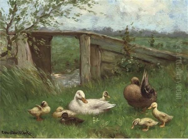 Ducks Near A Bridge Oil Painting by David Adolph Constant Artz