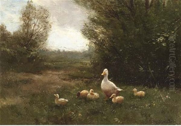 A Duck With Her Ducklings Oil Painting by David Adolph Constant Artz