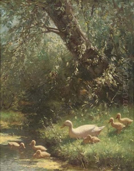 A Duck Family On The Riverbank Oil Painting by David Adolph Constant Artz