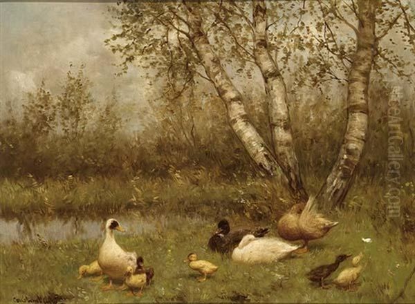 Duck With Ducklings On The Riverbank Oil Painting by David Adolph Constant Artz