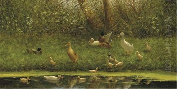 Ducks With Their Young On A Riverbank Oil Painting by David Adolph Constant Artz