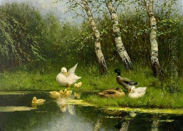 Mother Duck With Ducklings (+ Duck Family At The Waterside; 2 Works) Oil Painting by David Adolph Constant Artz