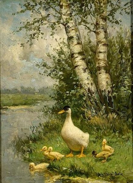 A Duck With Her Ducklings On The Riverbank Oil Painting by David Adolph Constant Artz