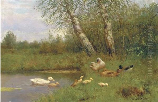 Duck And Ducklings On The Waterside Oil Painting by David Adolph Constant Artz